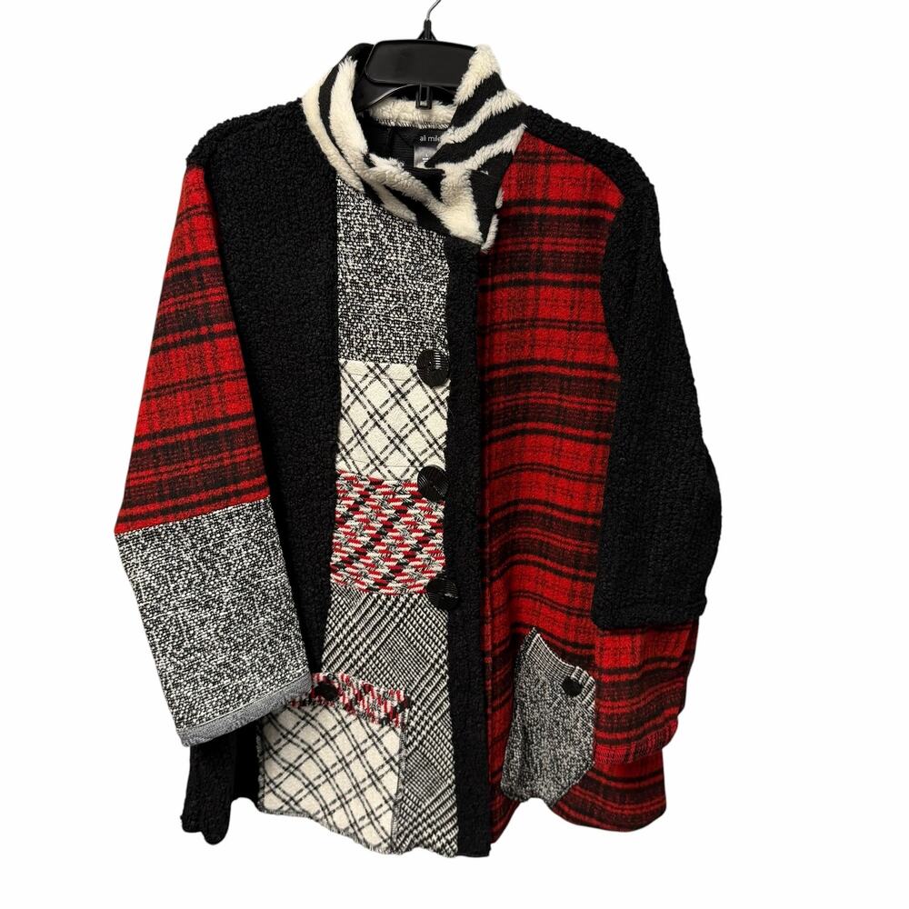 Ali Miles Button Front Mixed Print Knit Jacket Black Red White Large Artsy Wacky